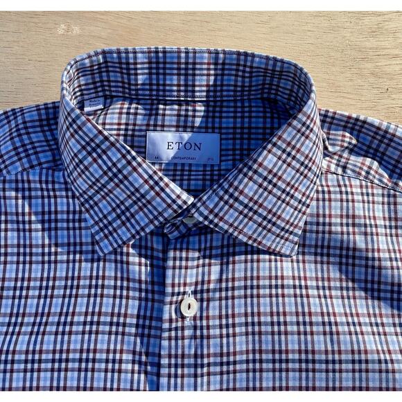 ETON CONTEMPORARY Shirt Check Long Sleeve Casual Men's Blue/Brown‎ SIZE 17 1/2" - Picture 3 of 6